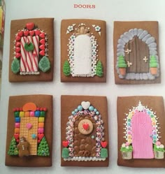 gingerbread cookies decorated with different types of decorations on top of each other and the words doors above them