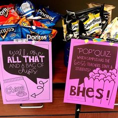 two signs that say all that and have different types of snacks on them in front of a dresser