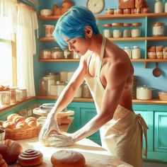 a woman with blue hair is making doughnuts in the kitchen while wearing white gloves