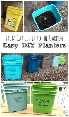 several different types of plastic containers with the words from cat litter to the garden easy diy planters