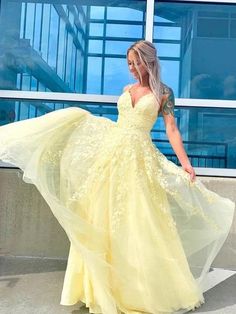 Formal Dresses Yellow, Prom Dresses V Neck, Dresses Yellow, Dresses V Neck, Prom Dresses Yellow, V Neck Prom Dresses, Lace Formal Dress, Lace Prom Dress, Cute Prom Dresses