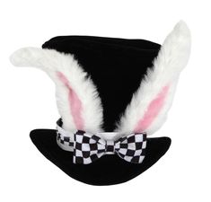 a black hat with white rabbit ears and a checkered bow tie