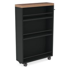 a black bookcase with wheels and a wooden top