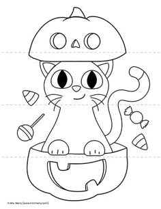 a coloring page with an image of a cat in a pumpkin