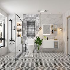 a white bathroom with black and white tile flooring