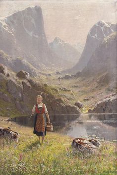 a painting of a woman walking in the mountains