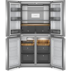 an open refrigerator with its doors wide open and the bottom drawer is closed, revealing two drawers