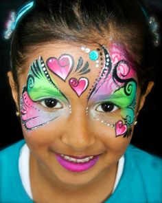 Pixie's Face Painting & Portraits - Cute pink/green heart mask! Pink Day Face Paint, Heart Face Painting, Fairy Facepainting Easy, Pink Butterfly Face Paint, Flower Fairy Face Paint, Heart Mask, Professional Face Paint