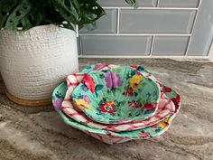 three flowered bowls sitting on a counter next to a potted plant