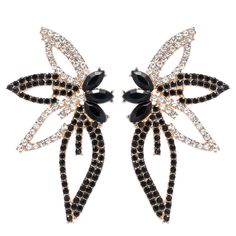 pair of black and white earrings with crystal stones on each earring, set in 18k gold plated setting