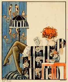 an illustration of a woman sitting at a table in front of a birdcage