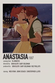 an advertisement for the film anastasia, featuring two people kissing in front of a cityscape