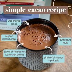 Your simple quick and easy cacao recipe. Morning Cacao Drink, How To Make Cacao Drink, Cacao Coffee Recipes, Cacao Drink Recipes, Cacao Powder Recipe Drink, Cacao Drink, Cacao Powder Recipe, Cacao Latte, Hot Cacao