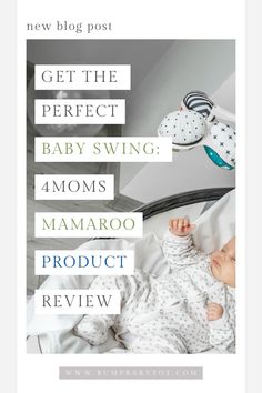 a baby laying on top of a bed with the words, get the perfect baby swing 4