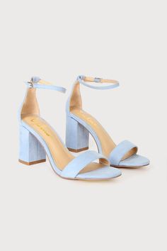 You're certain to step up your style essentials when you add the Lulus Arylee Light Blue Suede Ankle Strap Heels to your closet! Soft faux suede shapes a single toe strap, almond-shaped toe bed, and wrapped block heel. A dainty ankle strap rises from the sturdy heel cup and secures with a gold buckle. 3" wrapped block heel. Cushioned insole. Felted rubber sole has nonskid markings. All Man Made Materials. Imported. Lulus | Arylee Light Blue Suede Ankle Strap Heels | Size 8. Dusty Blue Heels, Grad Heels, Hoco Heels, Senior Events, Blue Heels Wedding, Blue Shoes Heels, Light Blue Heels, Blue Sandals Heels, Trendy High Heels