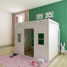 a child's bedroom with a white bunk bed and pink rug on the floor