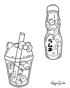 Sanrio Boba Drawing, Cute Boba Coloring Pages, Cute Japanese Coloring Pages, Sanrio Line Art, Bubble Tea Coloring Page, Boba Coloring Page, Boba Tea Tattoo, Bubble Tea Tattoo, Boba Sketch