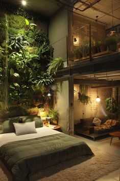 a bedroom with plants on the wall and bed in it's centerpieces