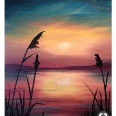 a painting of the sun setting over water with reeds in foreground and an orange sky