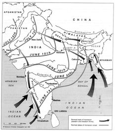 an old map with arrows pointing to the cities and towns in india, including china