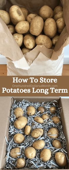 potatoes in a box with text overlay how to store potatoes long term