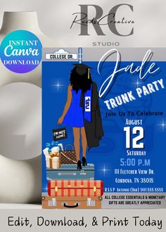 an advertisement for a trunk party with a woman standing on top of suitcases and the words trunk party