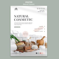 a poster for natural cosmetics on a table with ingredients and utensils in the background