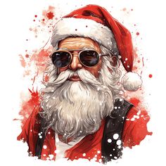 a watercolor painting of santa claus wearing sunglasses