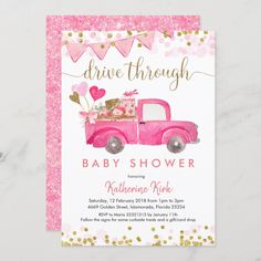 pink truck baby shower card with gold confetti and hearts on the back for a girl