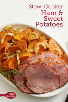 ham and sweet potatoes in a bowl on a white surface with the title slow cooker ham and sweet potatoes