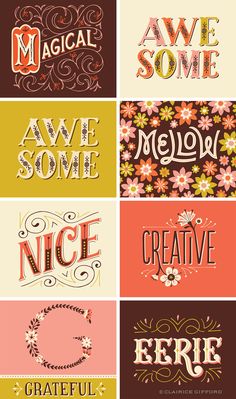 four different types of lettering with flowers on them