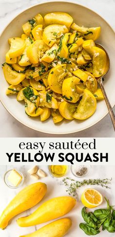 yellow squash and spinach salad in a white bowl on a marble counter top with the title text overlay