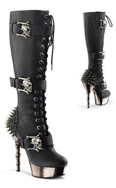 MUERTO-2028 Black & Pewter Boots-Demonia-Tragic Beautiful Skull Heels Boots, Goth Glam Shoes, Glam Goth Shoes, Spiked Boots, Demonia Boots, Hak Tinggi, Gothic Boots, Goth Shoes, Demonia Shoes