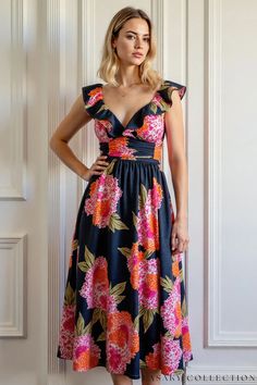 Elegant Navy Blue Midi Dress with Vibrant Pink and Orange Floral Print and Ruffled Accents Navy Blue Midi Dress, Orange Floral Print, Blue Dress Casual, Ruffled Neckline, Flowing Skirt, Feminine Silhouette, Garden Parties, Blue Midi Dress, Cinched Waist