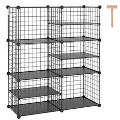 three shelves with wire mesh on each shelf, one is black and the other is white