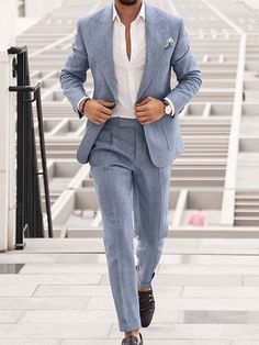 Blue Men's Wedding Linen Suits Summer Beach Wedding Suits 2 Piece Solid Colored Tailored Fit Single Breasted Two-buttons 2024 2024 - $93.99 Wedding Guest Men, Wedding Guest Suits, Linen Suits For Men, Beach Wedding Suits, Beach Wedding Attire, Mens Wedding Attire, Groom Wedding Attire, Blue Suit Wedding