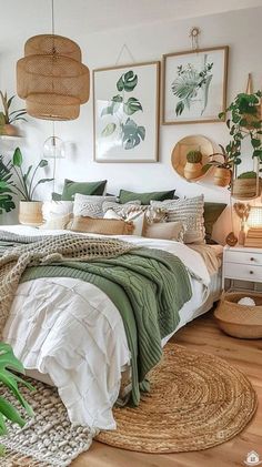 a bedroom with plants and wicker baskets hanging from the ceiling, bedding is made up