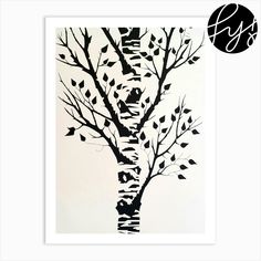 a black and white tree with birds on it