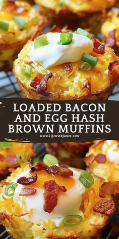 loaded bacon and egg hash browns muffins on a cooling rack with text overlay