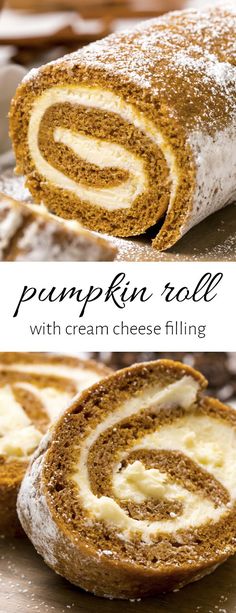 pumpkin roll with cream cheese filling is cut in half and stacked on top of each other