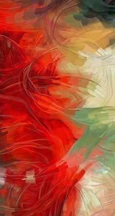 an abstract painting with red, yellow and green colors in the background that looks like feathers