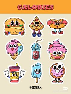 various stickers with different types of food and drinks on them, including donuts