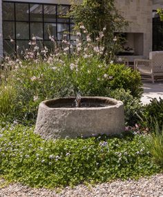 an outdoor fountain surrounded by plants and flowers