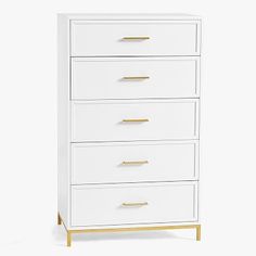 a white chest of drawers with gold handles on the top and bottom, against a white background