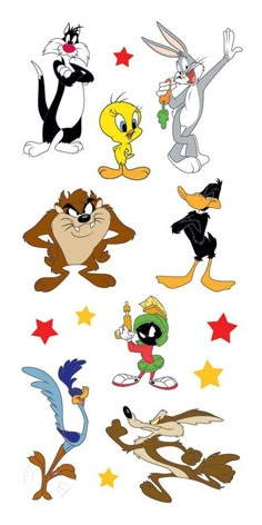 cartoon characters with stars on the bottom and one has an angry bird in it's mouth