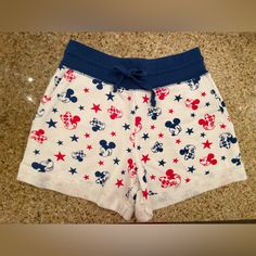 Classic Mickey And Mini Branded Fabric Shorts With Pockets And Drawstring. New, Never Worn. Size: Xs. Disney, Disneyland, Disney Shorts, Shorts With Pockets, Color White, Womens Shorts, Fabric, Women Shopping, White