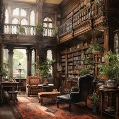 an old fashioned living room with lots of bookshelves and plants on the shelves