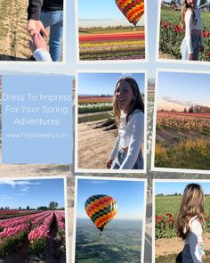 a collage of photos with the words dress to impress for your spring adventures