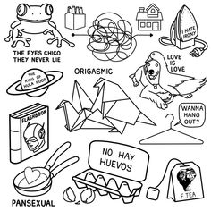 a black and white drawing of different things that are in the shape of an animal