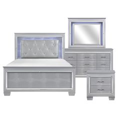 a bed, dresser and mirror are shown in three different colors with silver trimmings